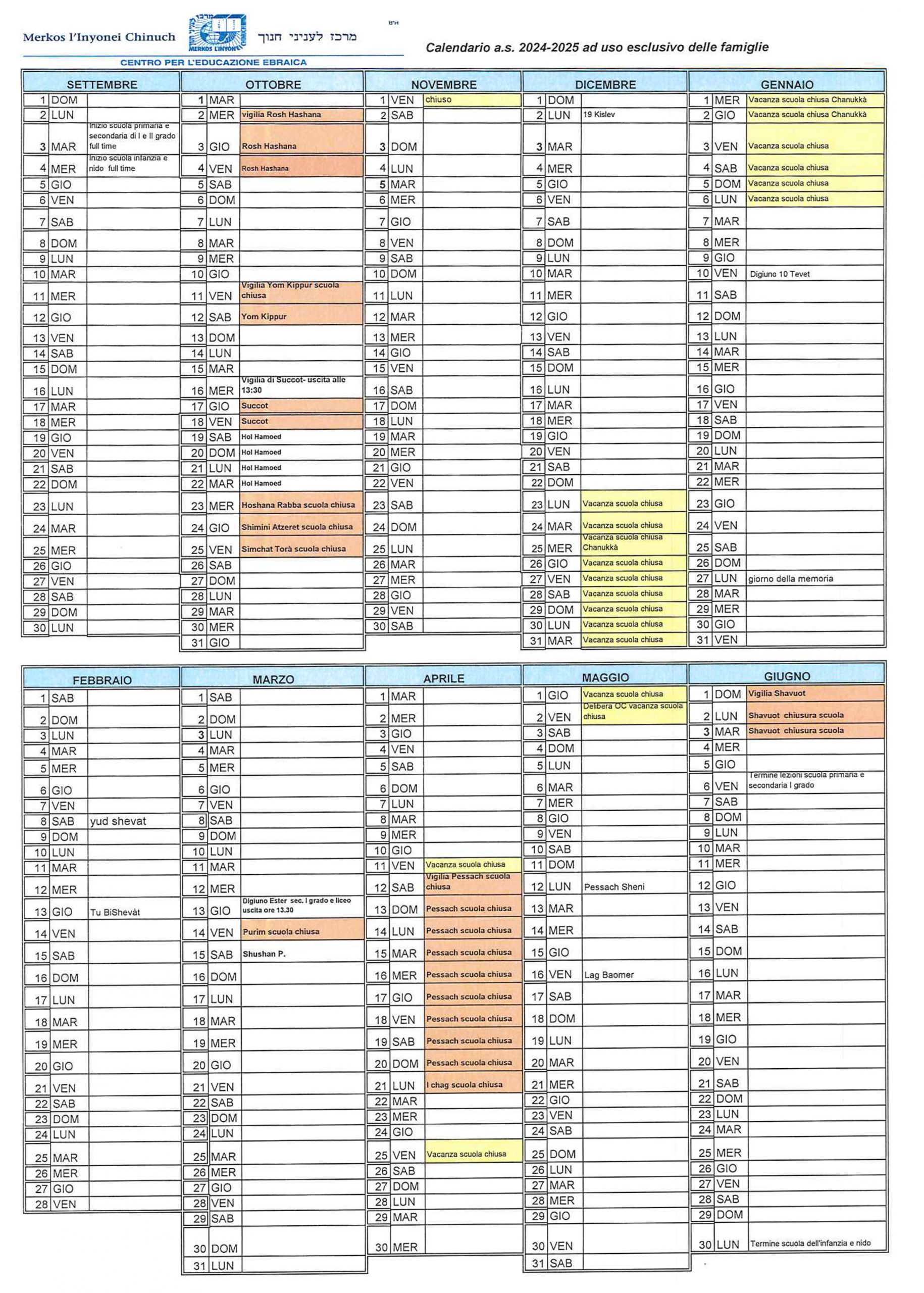 Calendario scolastico 2024-2025 Merkos